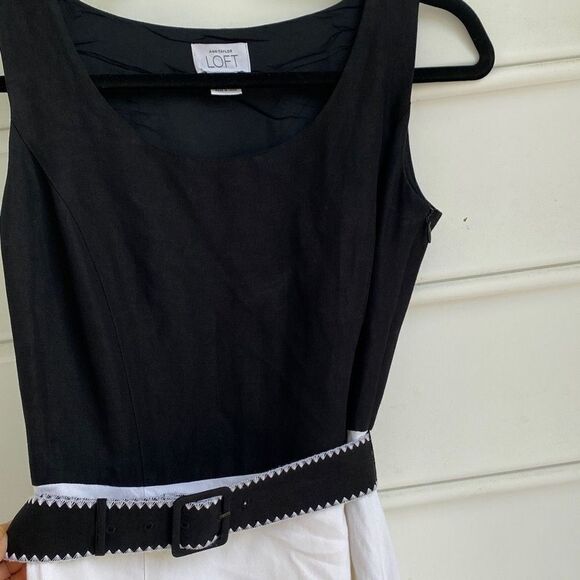 Ann Taylor Loft Linen Blend Belted Sleeveless MIDI‎ Dress Black Cream Size 0 - Picture 7 of 12